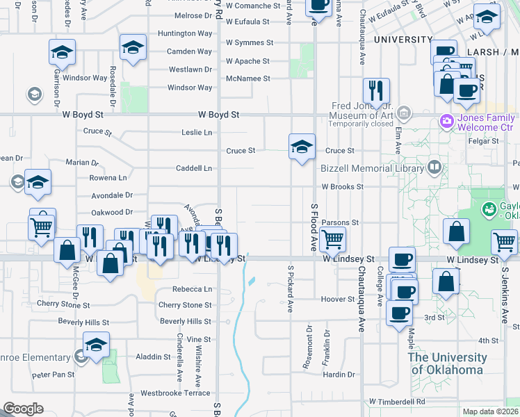map of restaurants, bars, coffee shops, grocery stores, and more near 1106 McFarland Street in Norman