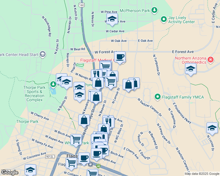 map of restaurants, bars, coffee shops, grocery stores, and more near 905 North Beaver Street in Flagstaff