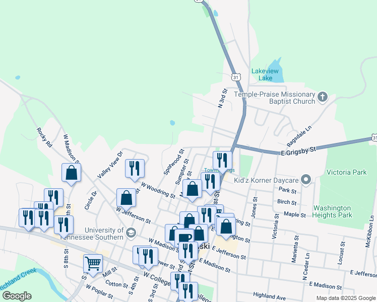 map of restaurants, bars, coffee shops, grocery stores, and more near 406 Spotwood Street in Pulaski