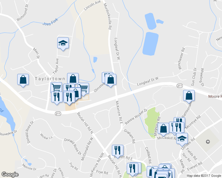 map of restaurants, bars, coffee shops, grocery stores, and more near 244 Olmsted Boulevard in Pinehurst
