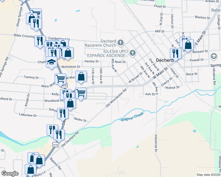 map of restaurants, bars, coffee shops, grocery stores, and more near 1005 West Main Street in Decherd