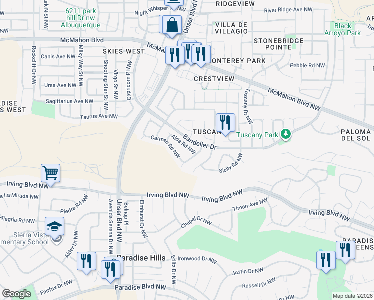 map of restaurants, bars, coffee shops, grocery stores, and more near 5708 Aida Road Northwest in Albuquerque
