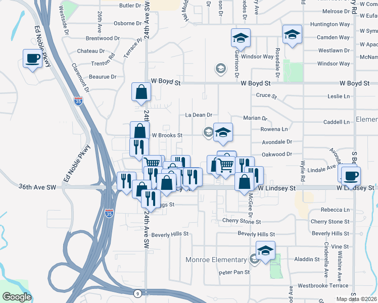 map of restaurants, bars, coffee shops, grocery stores, and more near 928 Jona Kay Terrace in Norman