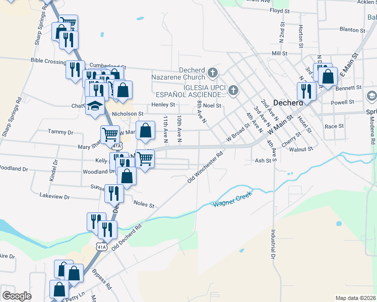 map of restaurants, bars, coffee shops, grocery stores, and more near 1005 West Main Street in Decherd