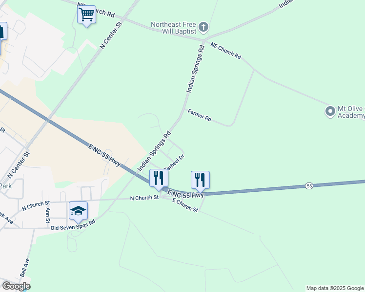 map of restaurants, bars, coffee shops, grocery stores, and more near 109 Tarheel Drive in Mount Olive