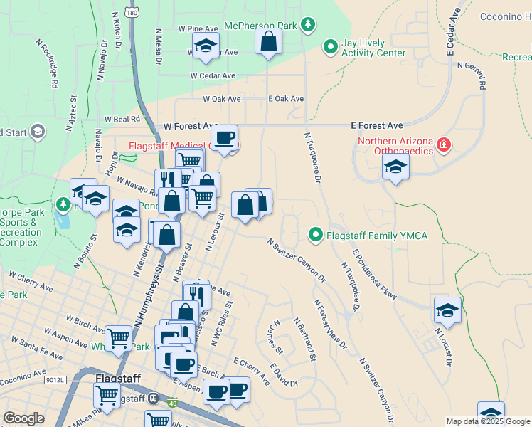 map of restaurants, bars, coffee shops, grocery stores, and more near 1024 North San Francisco Street in Flagstaff