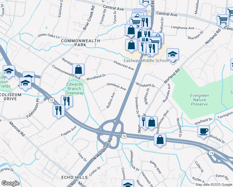 map of restaurants, bars, coffee shops, grocery stores, and more near 1326 Rollins Avenue in Charlotte