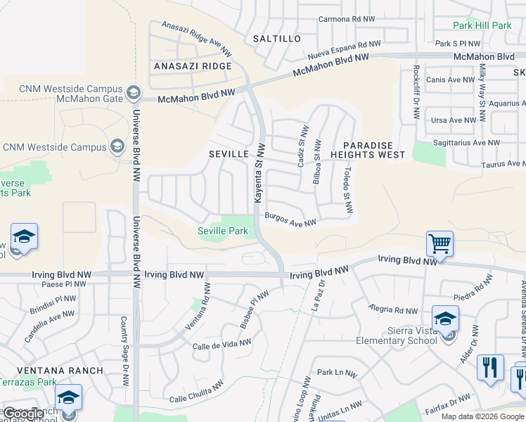 map of restaurants, bars, coffee shops, grocery stores, and more near 10415 Las Palmas Street Northwest in Albuquerque