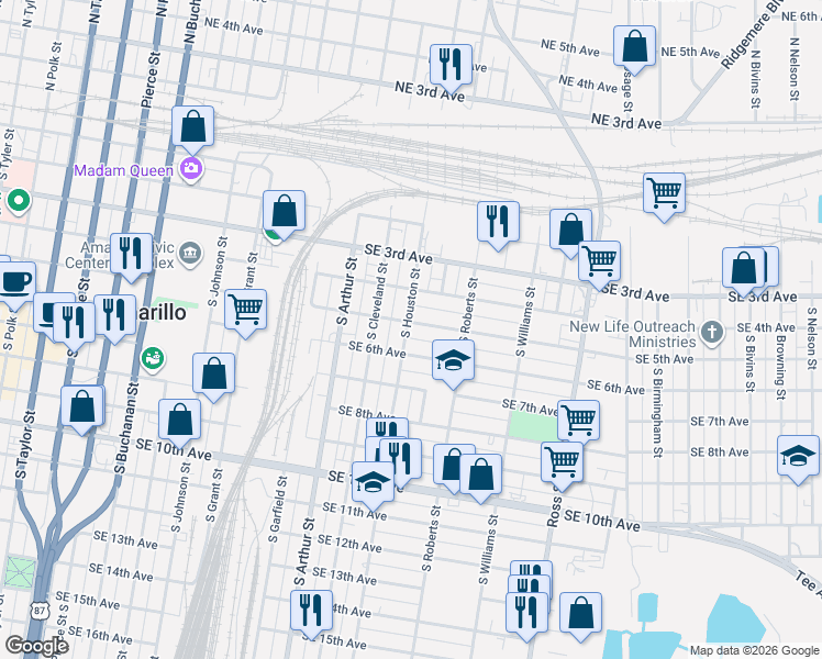 map of restaurants, bars, coffee shops, grocery stores, and more near 1300 Southeast 5th Avenue in Amarillo