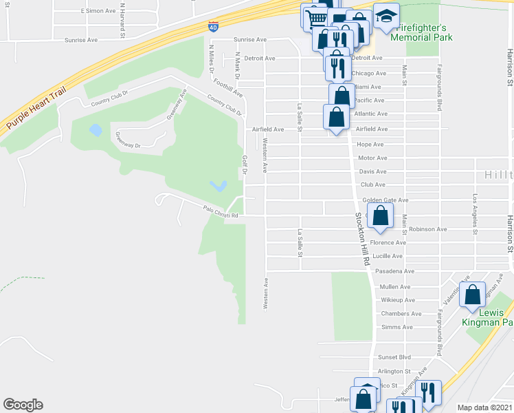 map of restaurants, bars, coffee shops, grocery stores, and more near 1056 Club Court in Kingman