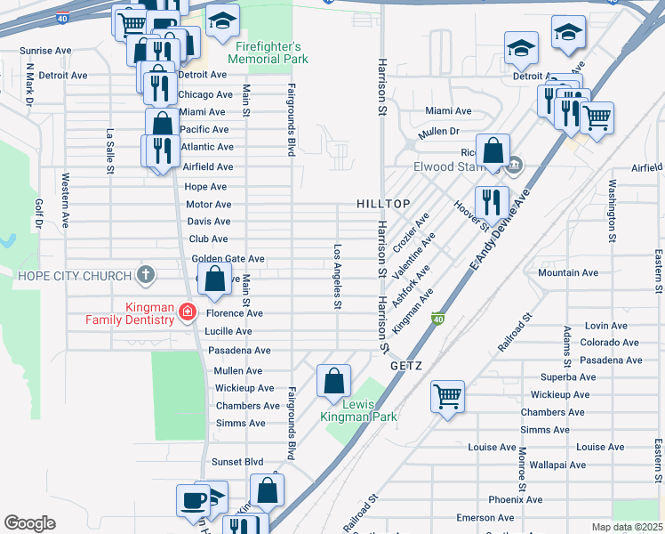 map of restaurants, bars, coffee shops, grocery stores, and more near 2109 Los Angeles Street in Kingman