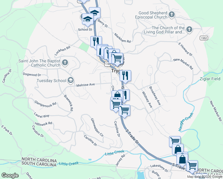 map of restaurants, bars, coffee shops, grocery stores, and more near 53 Lyncourt Drive in Tryon