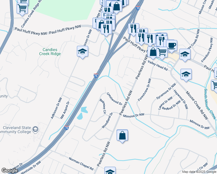 map of restaurants, bars, coffee shops, grocery stores, and more near 3704 Crestwood Dr NW in Cleveland