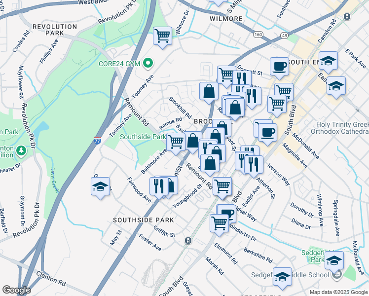 map of restaurants, bars, coffee shops, grocery stores, and more near 2524 South Tryon Street in Charlotte