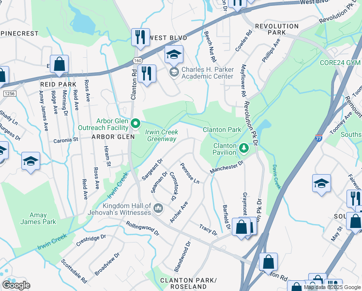 map of restaurants, bars, coffee shops, grocery stores, and more near 3325 Sargeant Drive in Charlotte