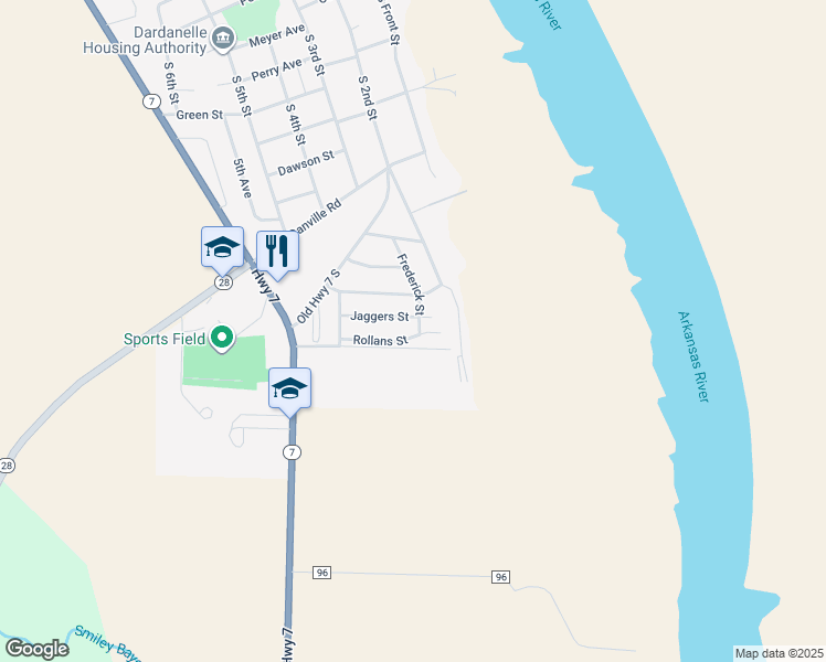 map of restaurants, bars, coffee shops, grocery stores, and more near 202 Rollans Street in Dardanelle