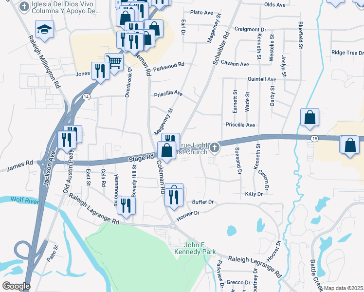 map of restaurants, bars, coffee shops, grocery stores, and more near 4544 Stage Road in Memphis
