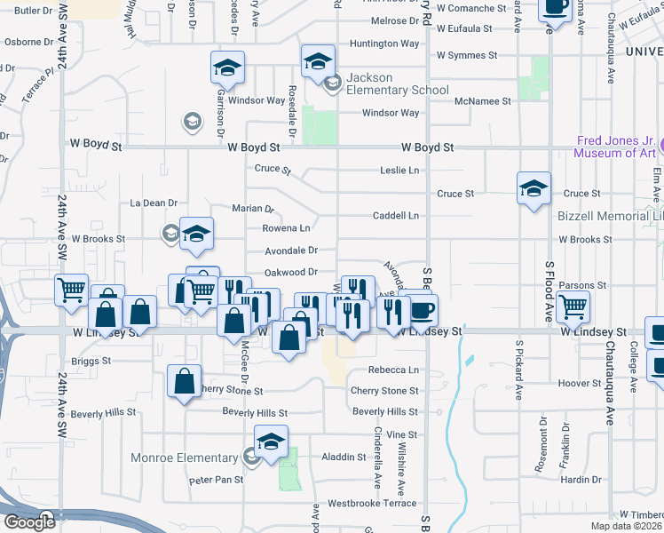 map of restaurants, bars, coffee shops, grocery stores, and more near 1509 Oakwood Drive in Norman