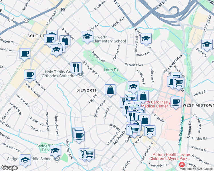 map of restaurants, bars, coffee shops, grocery stores, and more near 1709 Park Road in Charlotte