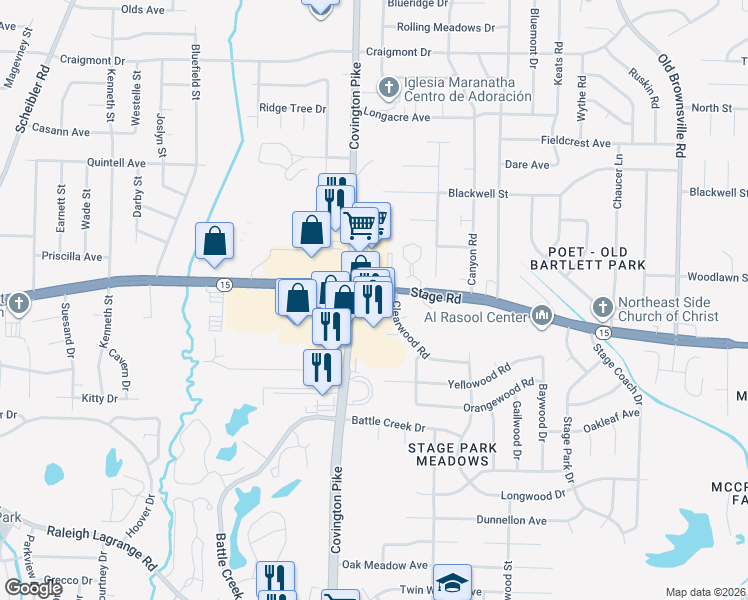 map of restaurants, bars, coffee shops, grocery stores, and more near 2964 Covington Pike in Memphis