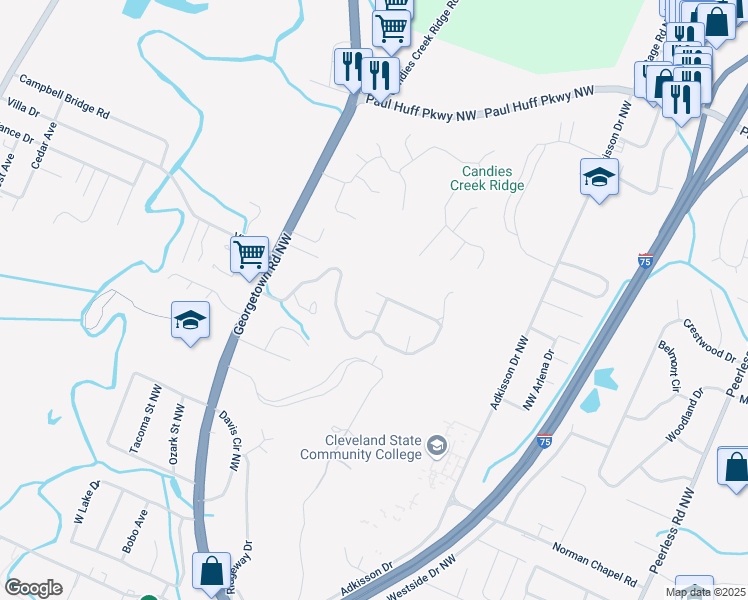 map of restaurants, bars, coffee shops, grocery stores, and more near 1791 Overdale Drive Northwest in Cleveland