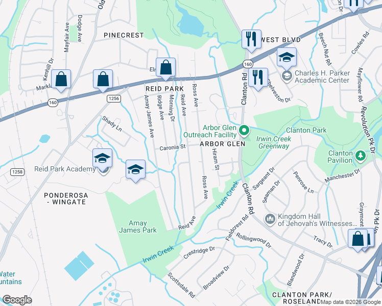 map of restaurants, bars, coffee shops, grocery stores, and more near 3115 Reid Avenue in Charlotte