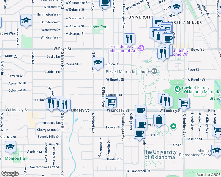 map of restaurants, bars, coffee shops, grocery stores, and more near 828 South Lahoma Avenue in Norman