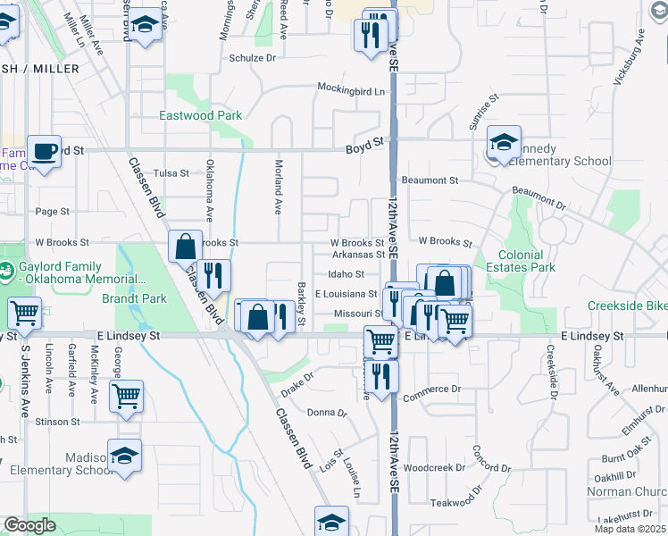 map of restaurants, bars, coffee shops, grocery stores, and more near 1017 Idaho Street in Norman