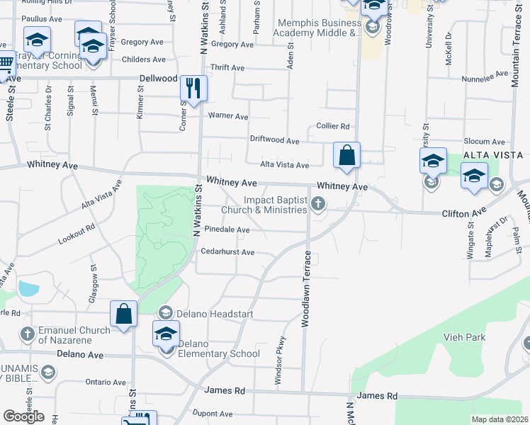 map of restaurants, bars, coffee shops, grocery stores, and more near 1921 Clifton Avenue in Memphis