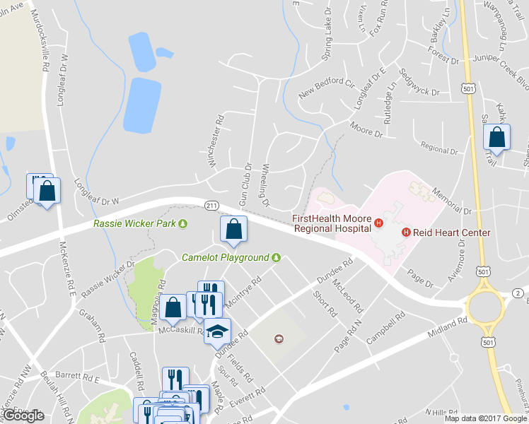 map of restaurants, bars, coffee shops, grocery stores, and more near 140 Wheeling Drive in Pinehurst