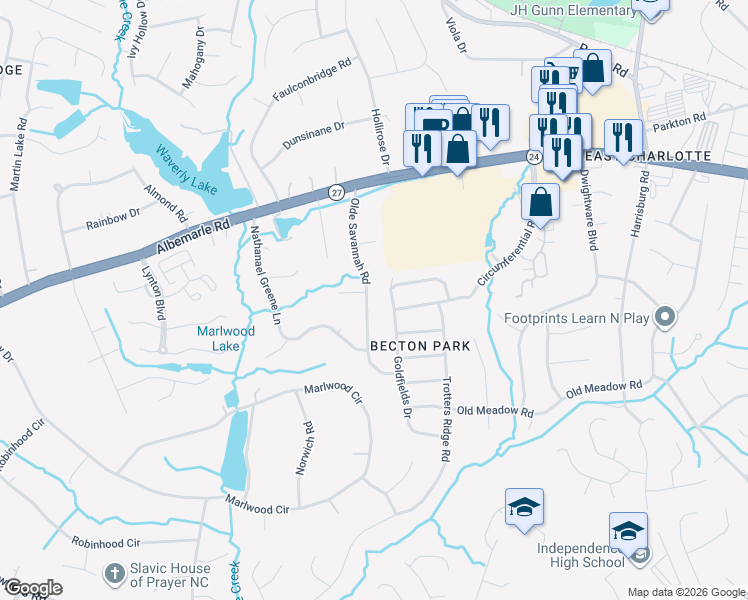 map of restaurants, bars, coffee shops, grocery stores, and more near 6646 Olde Savannah Road in Charlotte