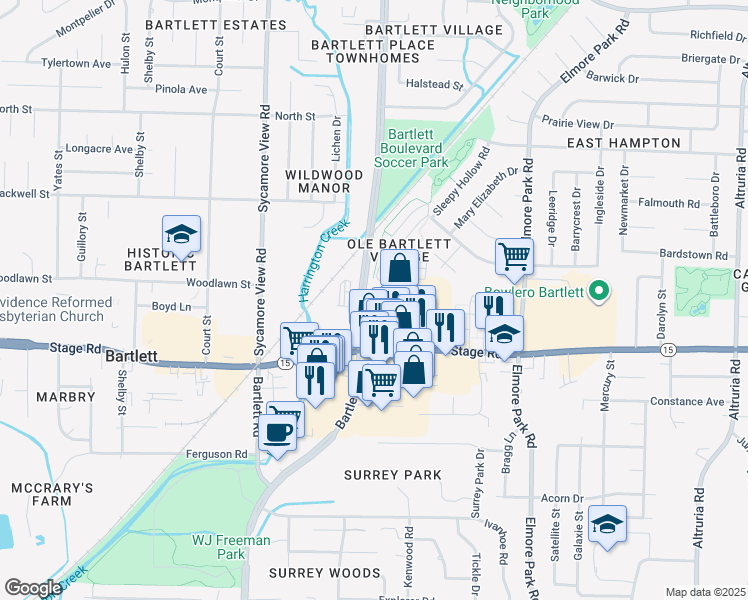 map of restaurants, bars, coffee shops, grocery stores, and more near 6000 Bartlett Center Drive in Bartlett