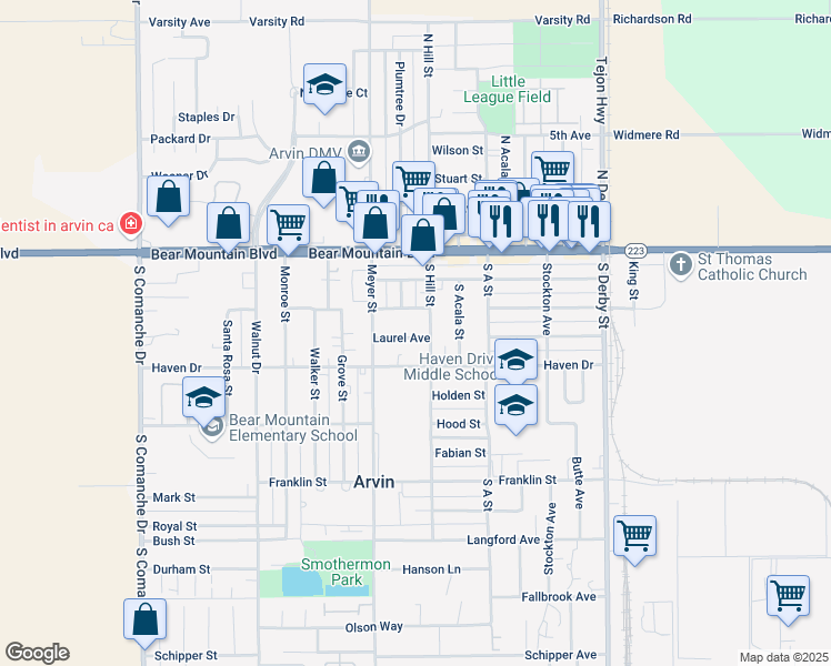 map of restaurants, bars, coffee shops, grocery stores, and more near 620 Laurel Avenue in Arvin