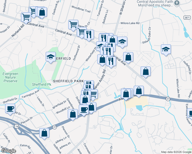 map of restaurants, bars, coffee shops, grocery stores, and more near 3431 North Sharon Amity Road in Charlotte