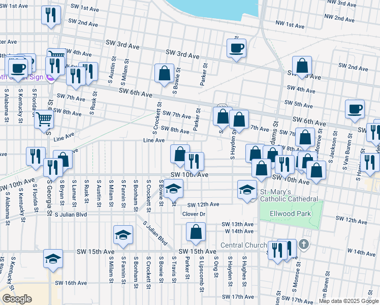 map of restaurants, bars, coffee shops, grocery stores, and more near 833 Parker Street in Amarillo