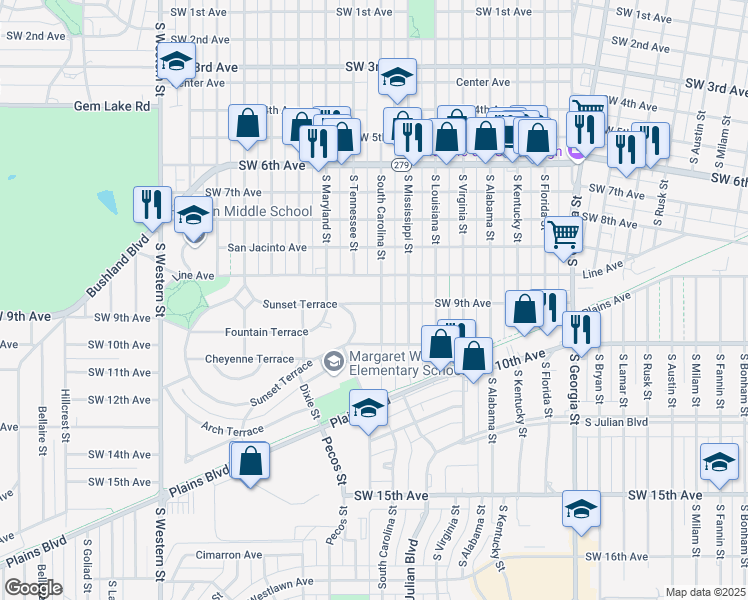 map of restaurants, bars, coffee shops, grocery stores, and more near 3410 Southwest 9th Avenue in Amarillo