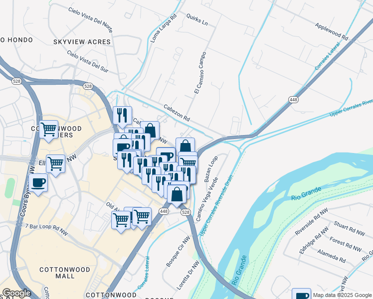 map of restaurants, bars, coffee shops, grocery stores, and more near 3305 Calle Cuervo Northwest in Albuquerque