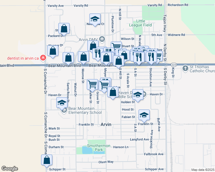 map of restaurants, bars, coffee shops, grocery stores, and more near 778 Laurel Avenue in Arvin