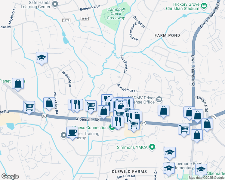 map of restaurants, bars, coffee shops, grocery stores, and more near 5421 Hazelnut Circle in Charlotte