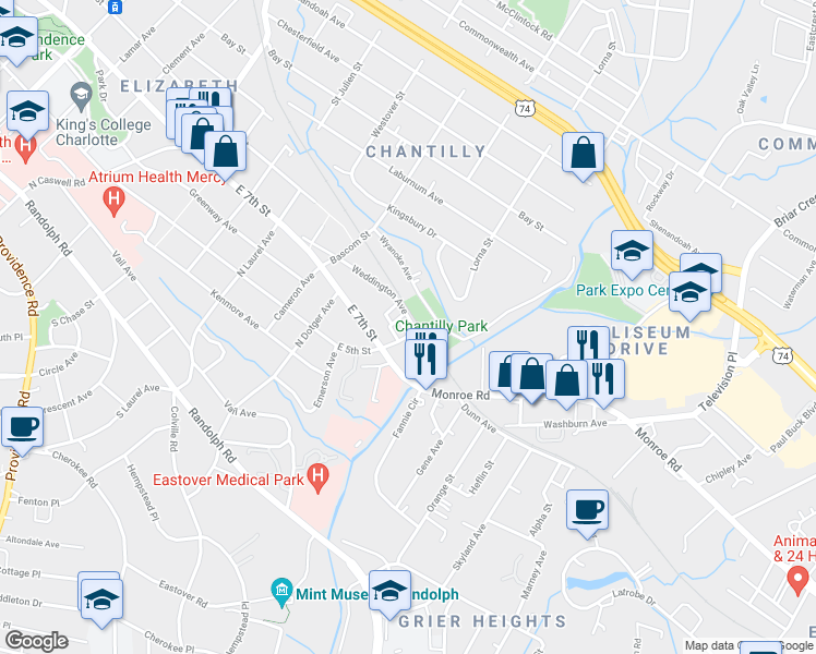 map of restaurants, bars, coffee shops, grocery stores, and more near in Charlotte
