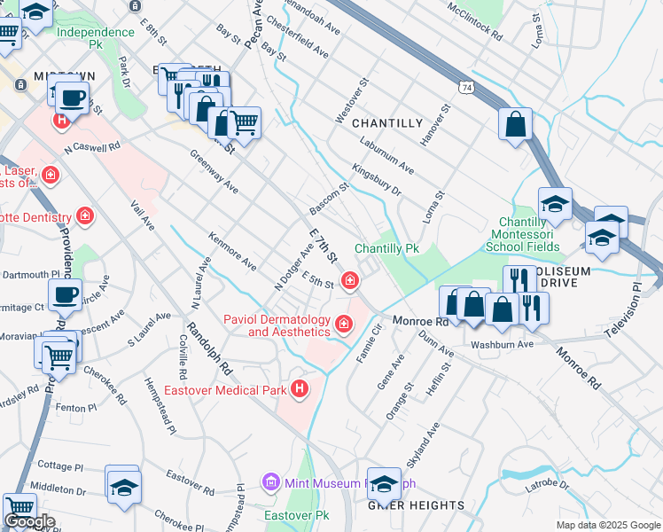map of restaurants, bars, coffee shops, grocery stores, and more near in Charlotte