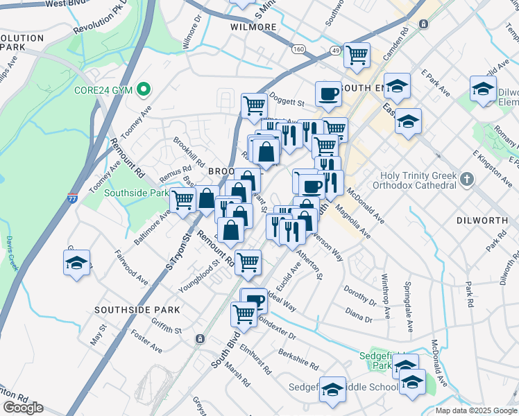 map of restaurants, bars, coffee shops, grocery stores, and more near 1632 Mainline Boulevard in Charlotte