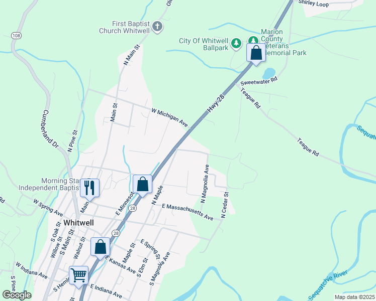 map of restaurants, bars, coffee shops, grocery stores, and more near 138 East Montana Street in Whitwell