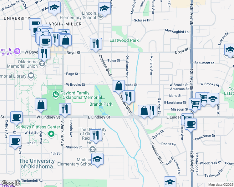 map of restaurants, bars, coffee shops, grocery stores, and more near 1714 Classen Boulevard in Norman
