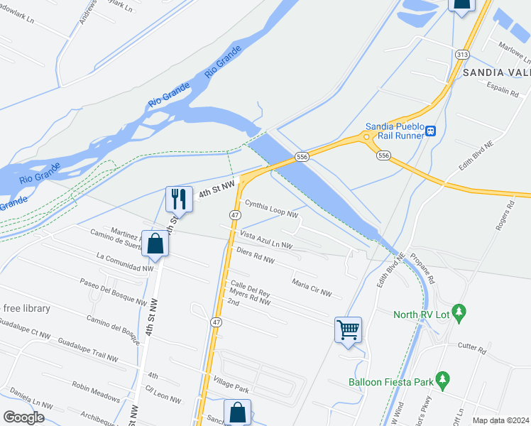 map of restaurants, bars, coffee shops, grocery stores, and more near 218 Cynthia Loop Northwest in Albuquerque