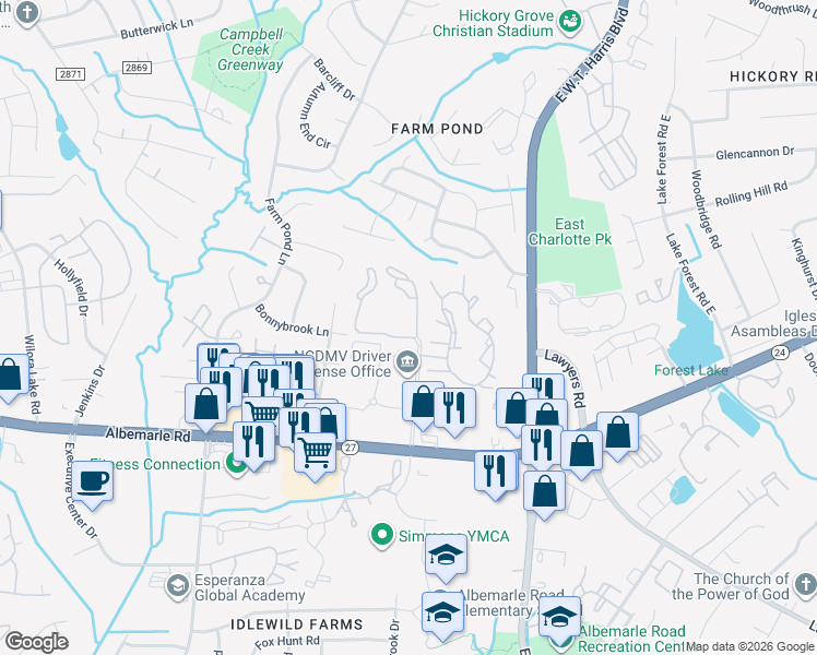 map of restaurants, bars, coffee shops, grocery stores, and more near 6617 English Hills Drive in Charlotte