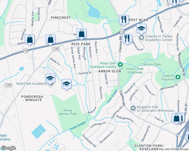 map of restaurants, bars, coffee shops, grocery stores, and more near 3115 Reid Avenue in Charlotte