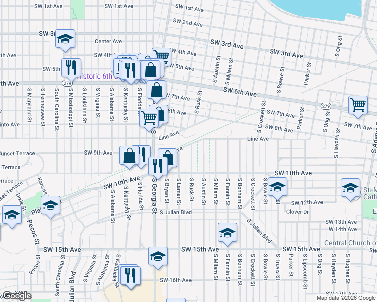 map of restaurants, bars, coffee shops, grocery stores, and more near 910 South Rusk Street in Amarillo