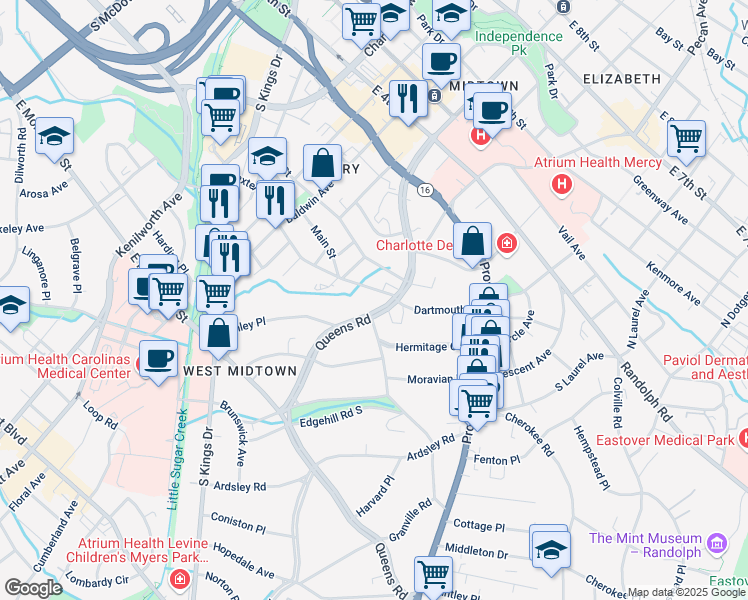 map of restaurants, bars, coffee shops, grocery stores, and more near 620 Queens Road in Charlotte