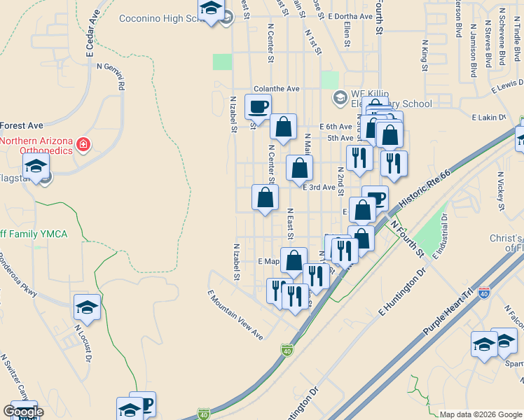 map of restaurants, bars, coffee shops, grocery stores, and more near 1896 North West Street in Flagstaff